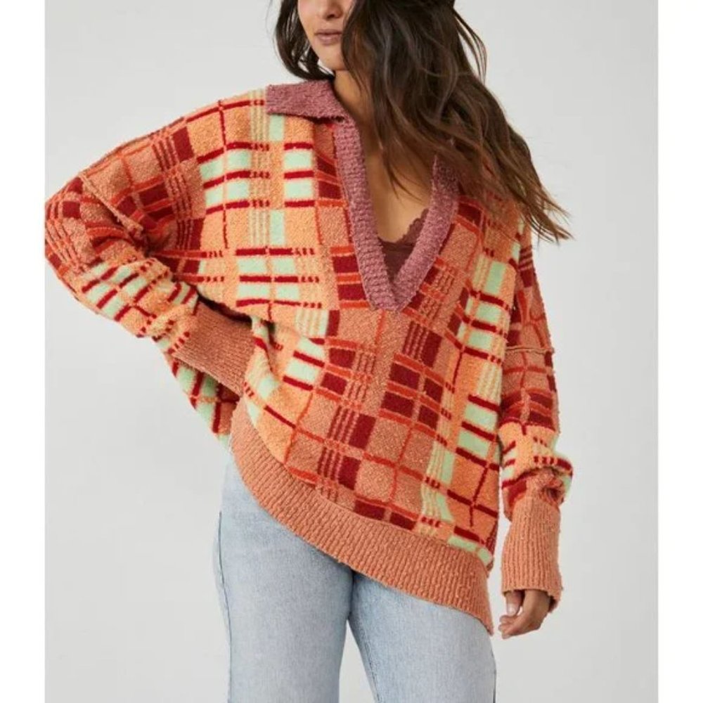 Free People Orange & Red Plaid V-Neck Sweater